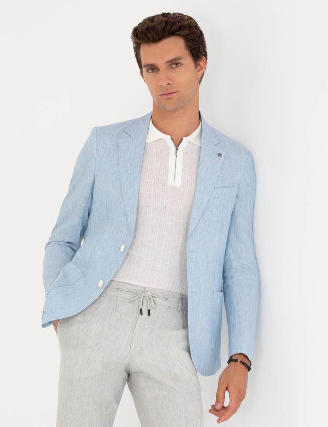 Açık Mavi Slim Fit %100 Keten Ceket