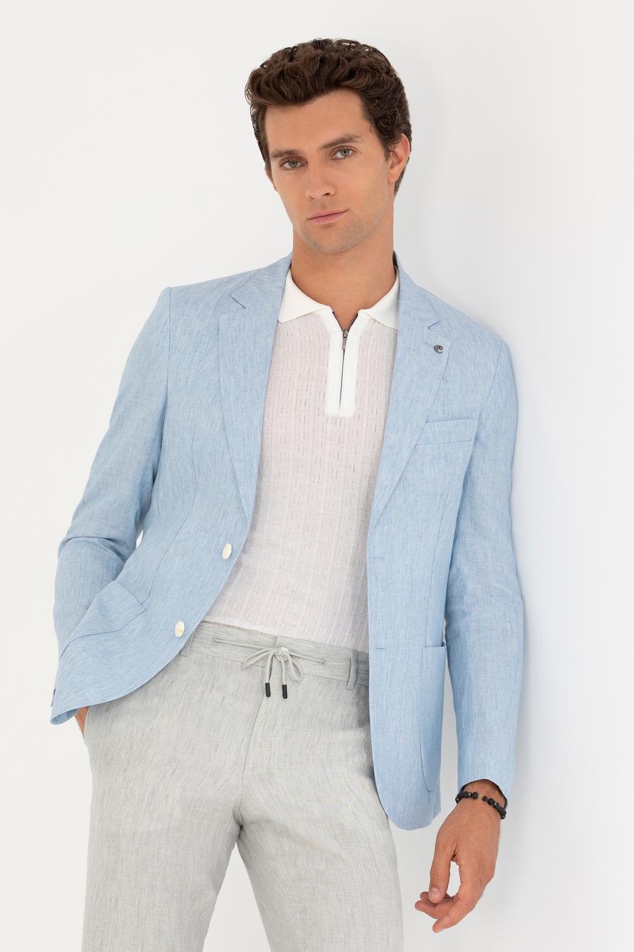 Açık Mavi Slim Fit %100 Keten Ceket - 50268891119