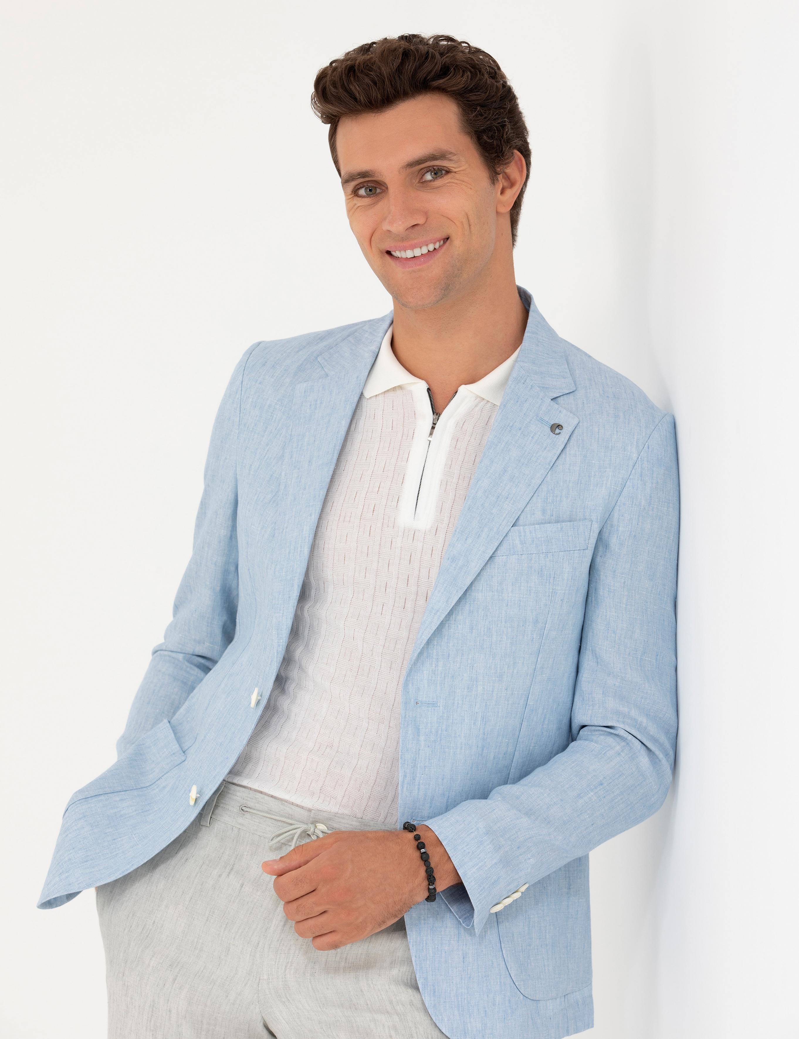 Açık Mavi Slim Fit %100 Keten Ceket - 50268891119