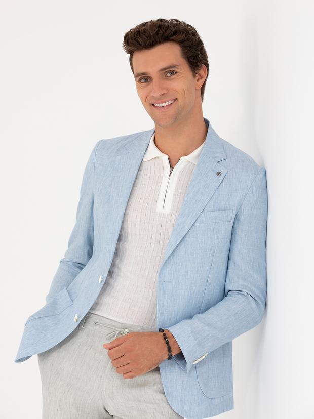 Açık Mavi Slim Fit %100 Keten Ceket