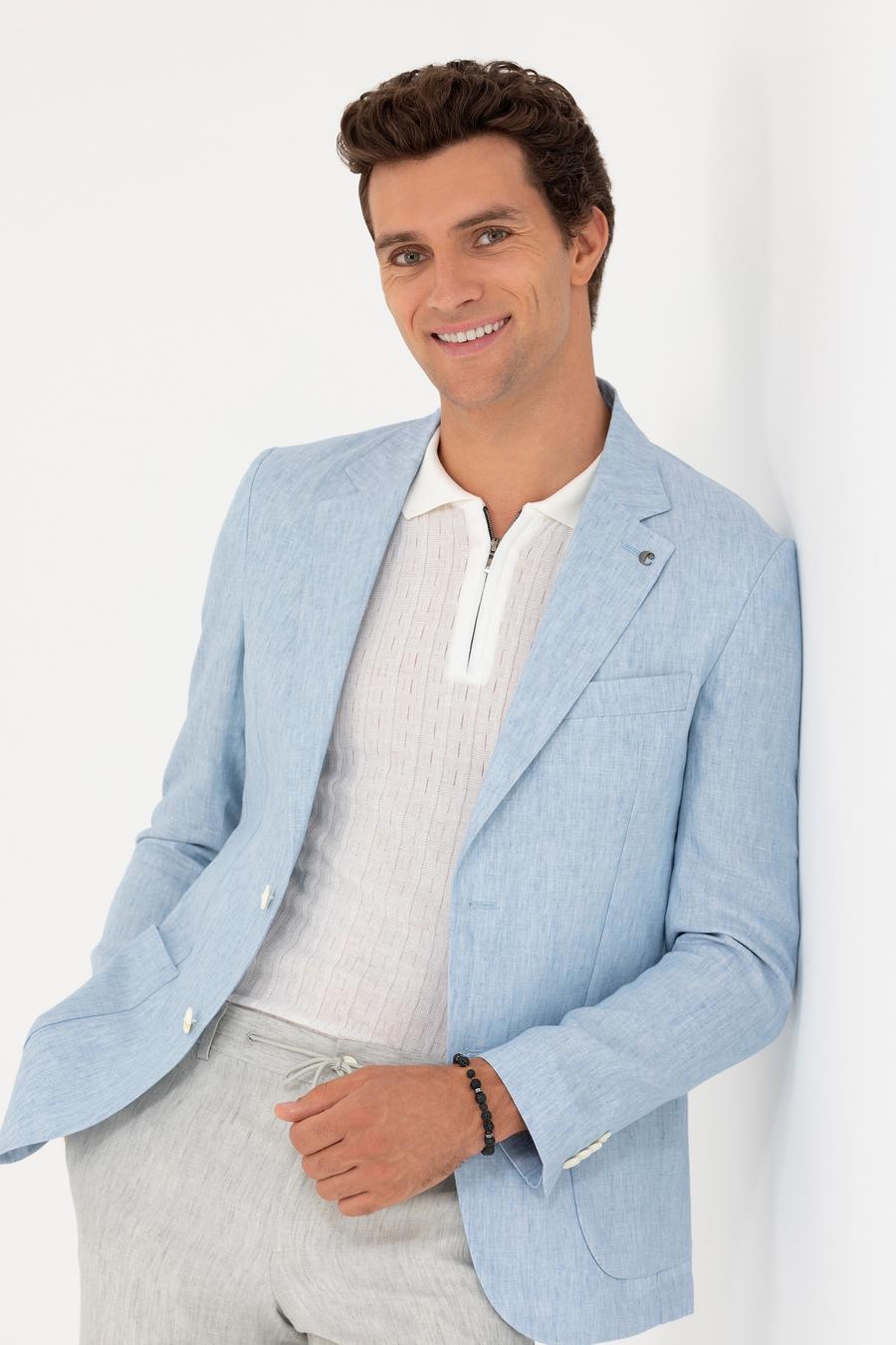 Açık Mavi Slim Fit %100 Keten Ceket - 50268891119
