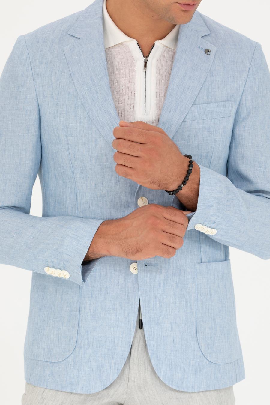 Açık Mavi Slim Fit %100 Keten Ceket - 50268891119