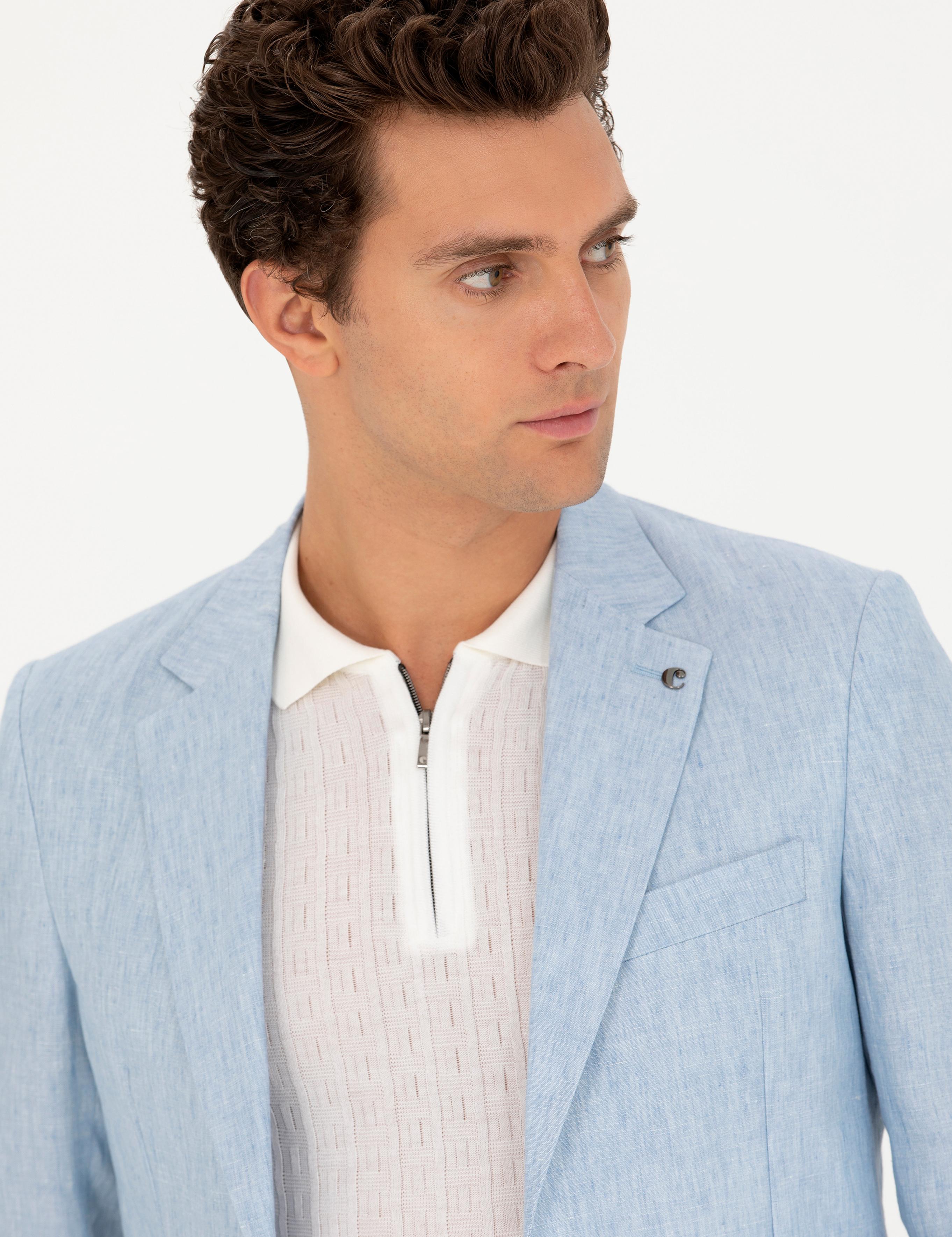 Açık Mavi Slim Fit %100 Keten Ceket - 50268891119