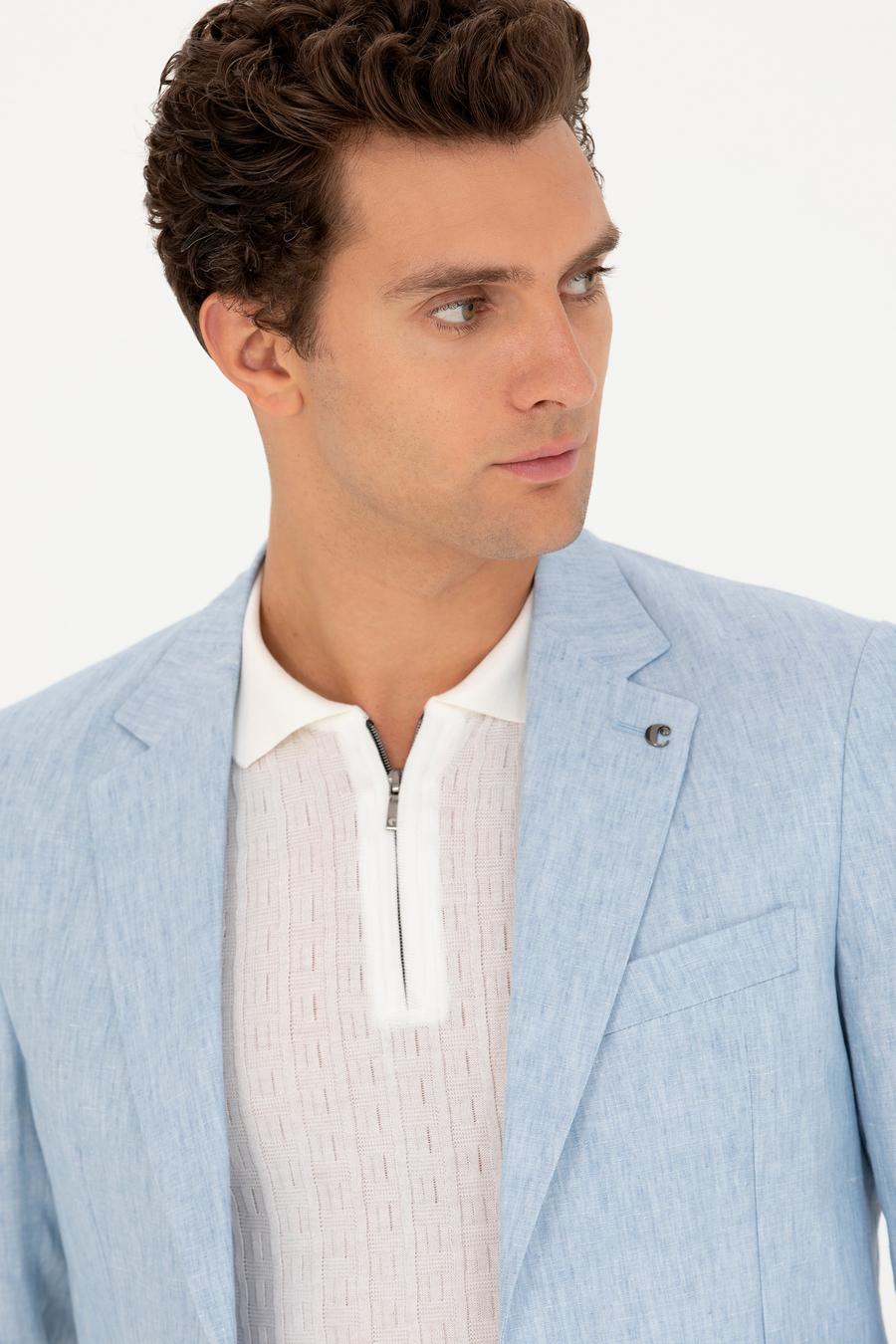 Açık Mavi Slim Fit %100 Keten Ceket - 50268891119