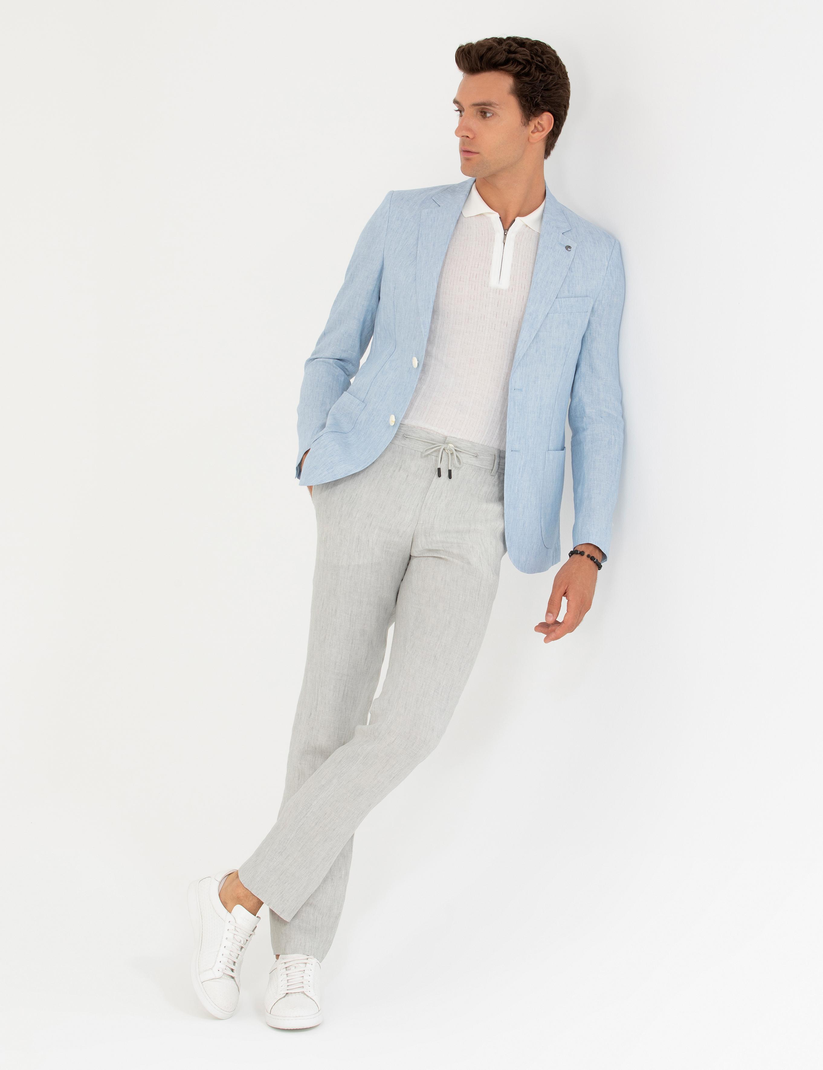 Açık Mavi Slim Fit %100 Keten Ceket - 50268891119
