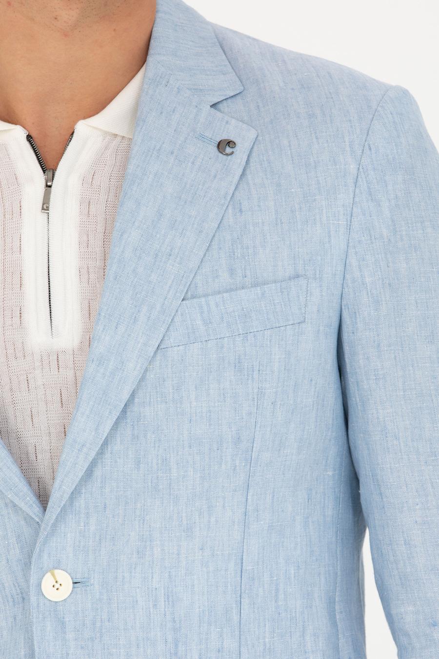 Açık Mavi Slim Fit %100 Keten Ceket - 50268891119