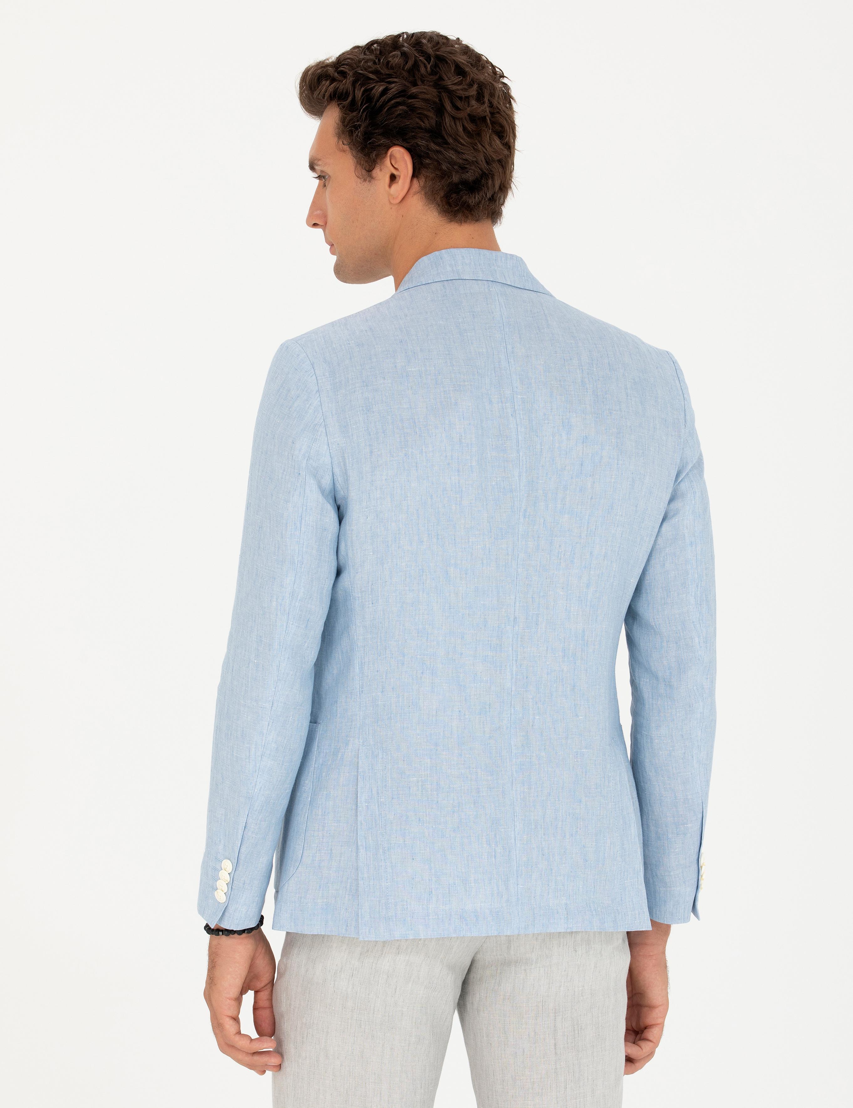 Açık Mavi Slim Fit %100 Keten Ceket - 50268891119