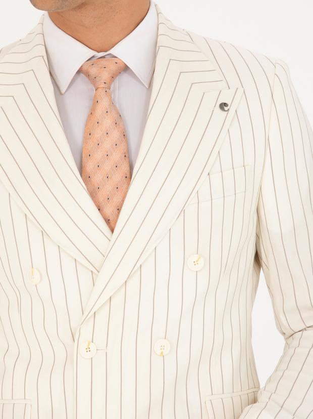 Ekru Çizgili Kruvaze Slim Fit Takım Elbise
