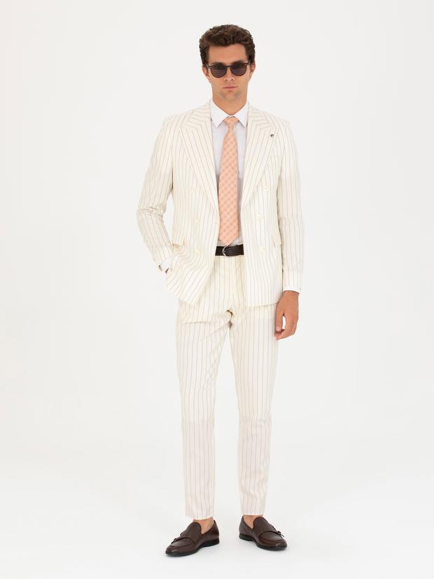 Ekru Çizgili Kruvaze Slim Fit Takım Elbise