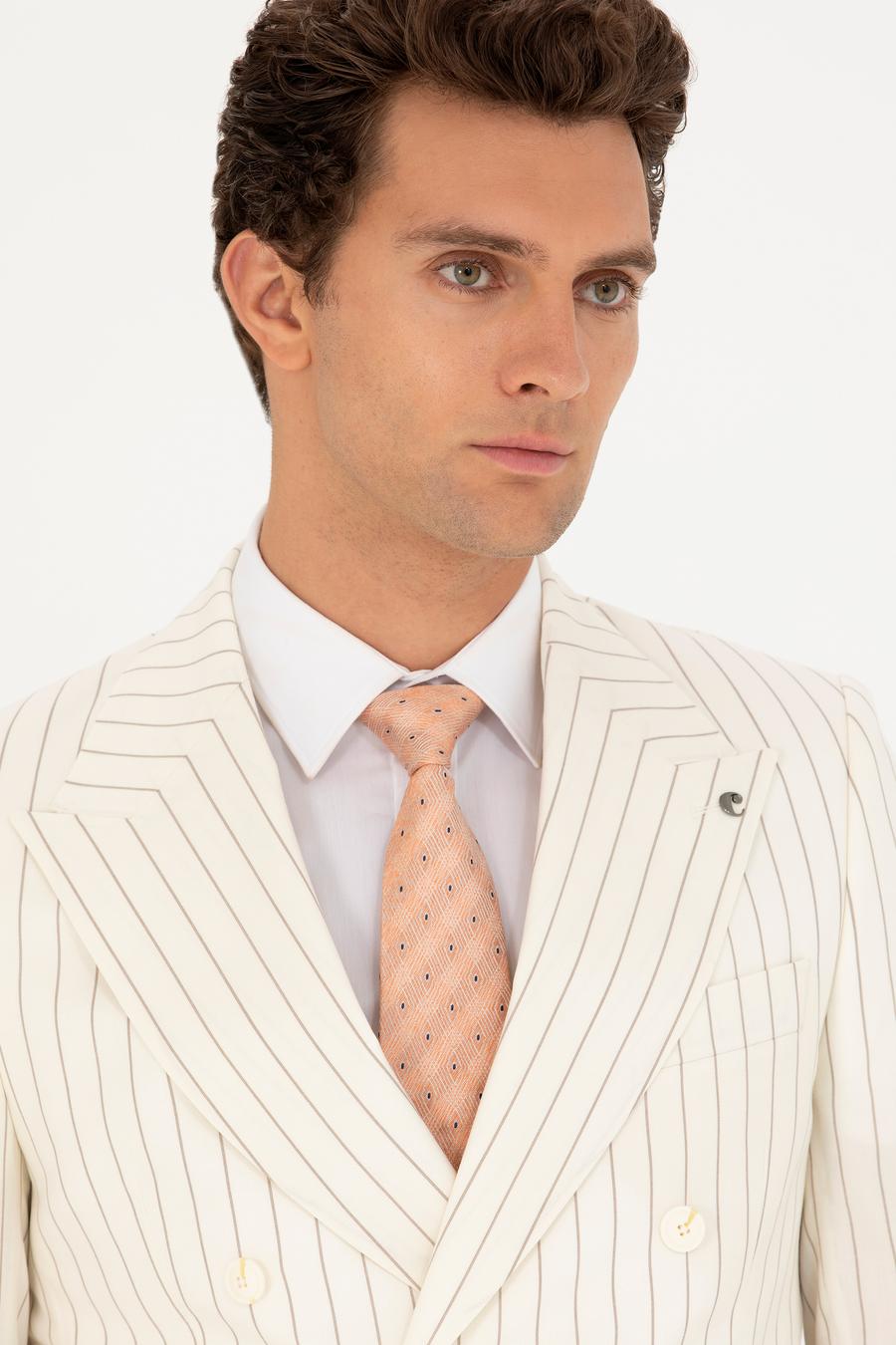 Ekru Slim Fit Yün Karışımlı Kırlangıç Yaka Çizgili Kruvaze Takım Elbise - 50265064020