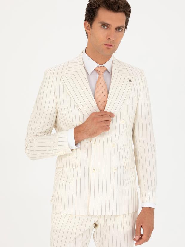 Ekru Çizgili Kruvaze Slim Fit Takım Elbise