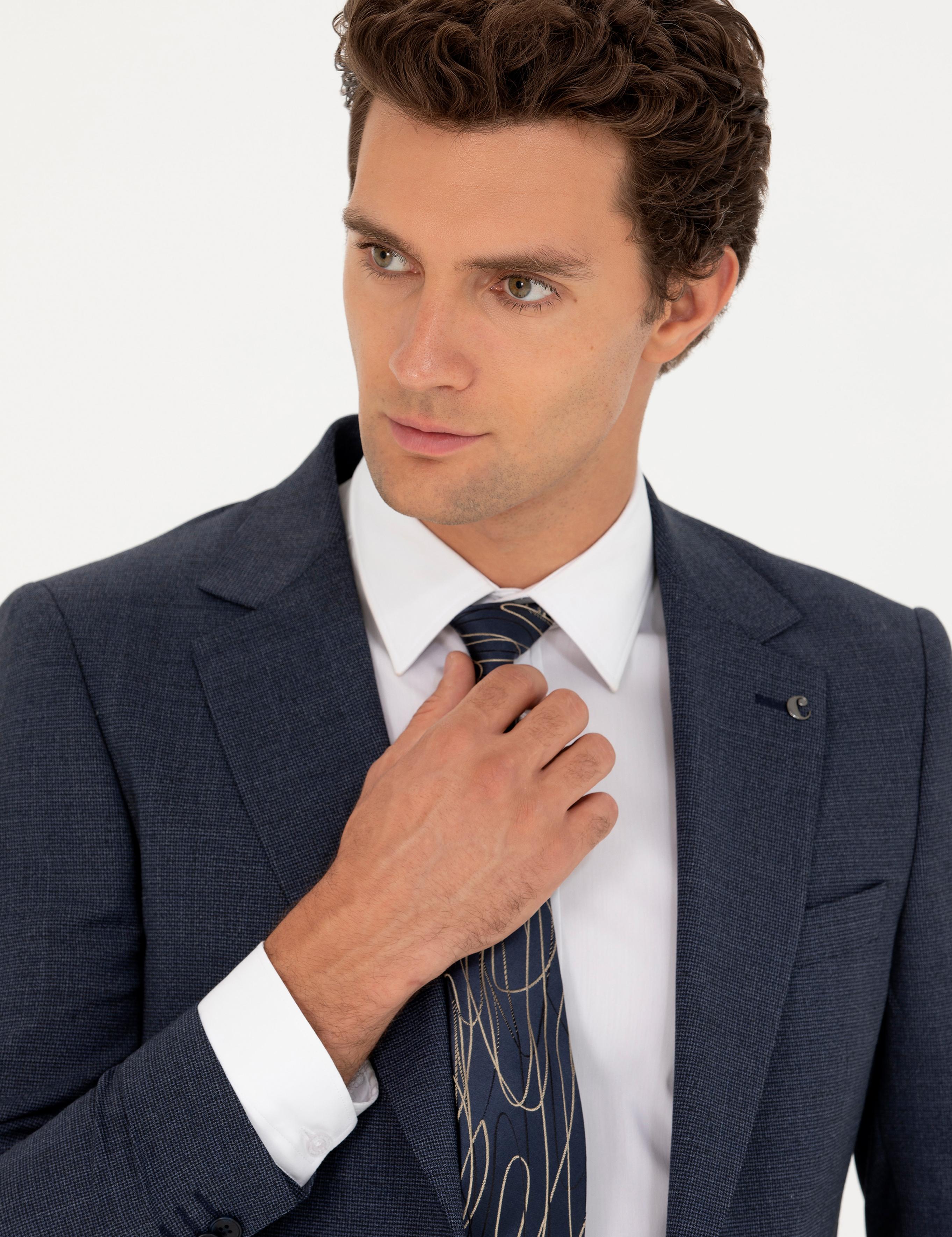 İndigo Slim Fit Yün Karışımlı Kazayağı Takım Elbise - 50265129088