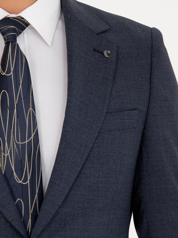 İndigo Slim Fit Yün Karışımlı Kazayağı Takım Elbise