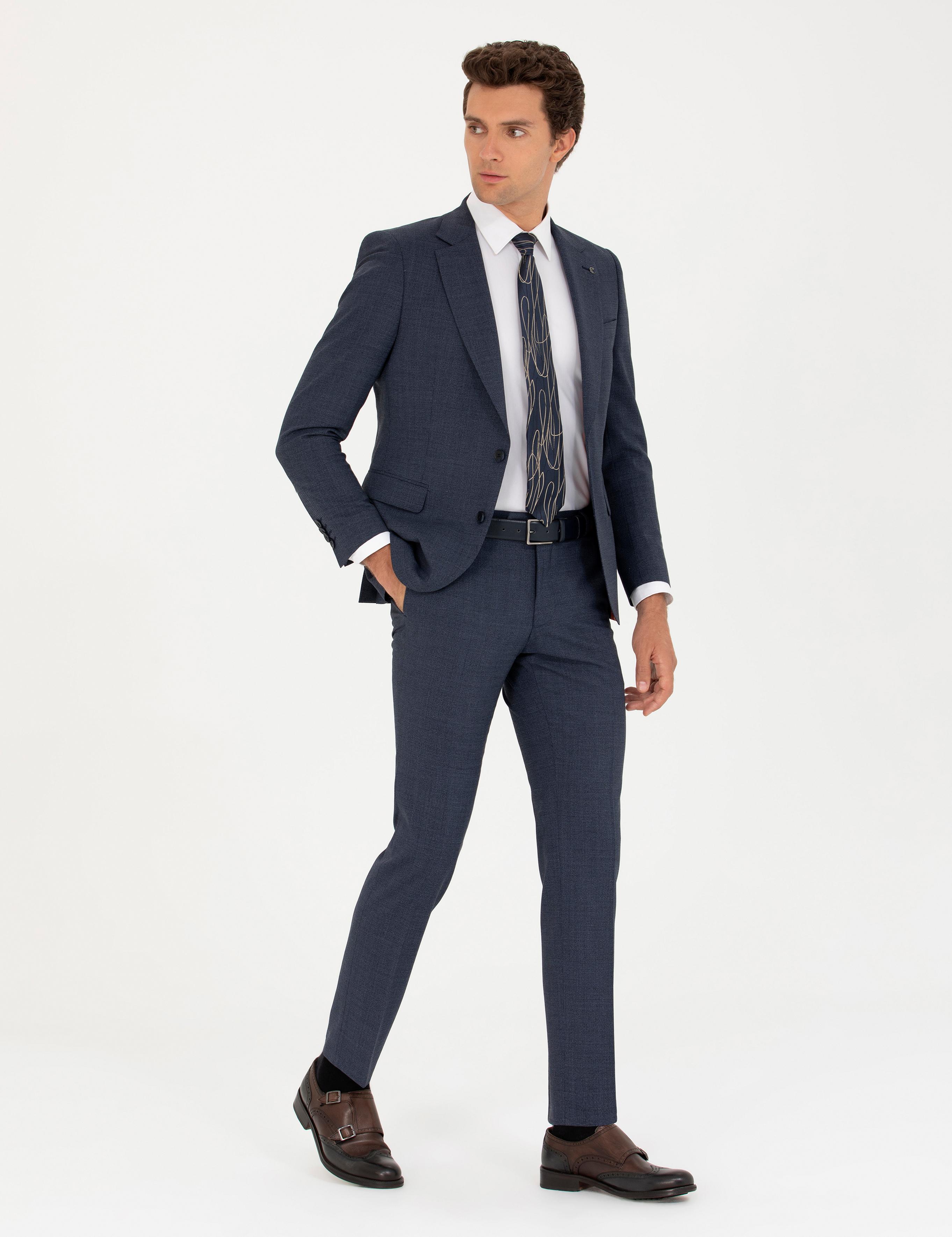 İndigo Slim Fit Yün Karışımlı Kazayağı Takım Elbise - 50265129088