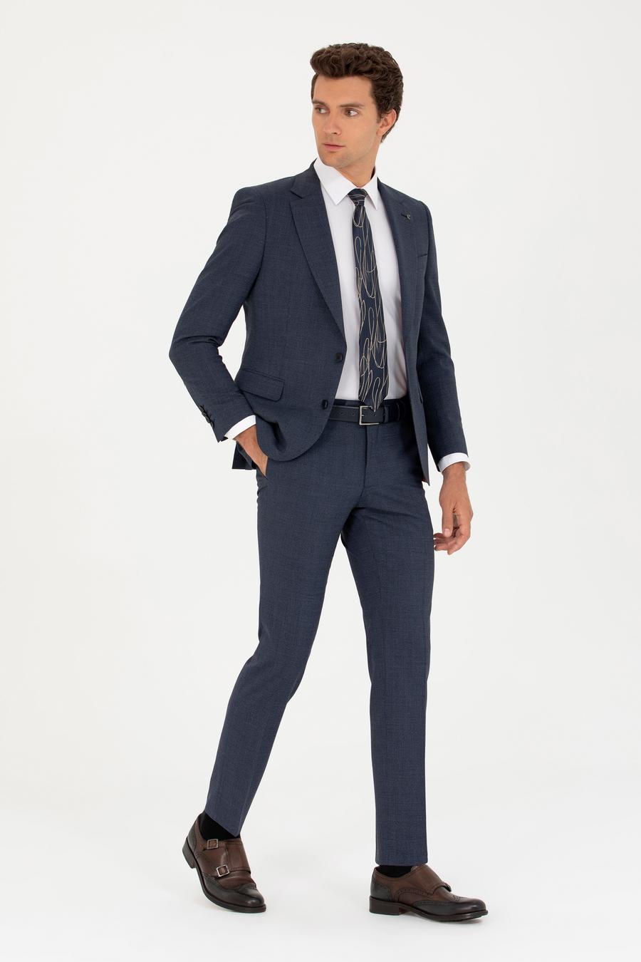 İndigo Slim Fit Yün Karışımlı Kazayağı Takım Elbise - 50265129088