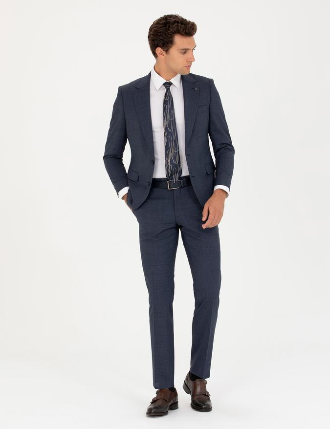 İndigo Slim Fit Yün Karışımlı Kazayağı Takım Elbise