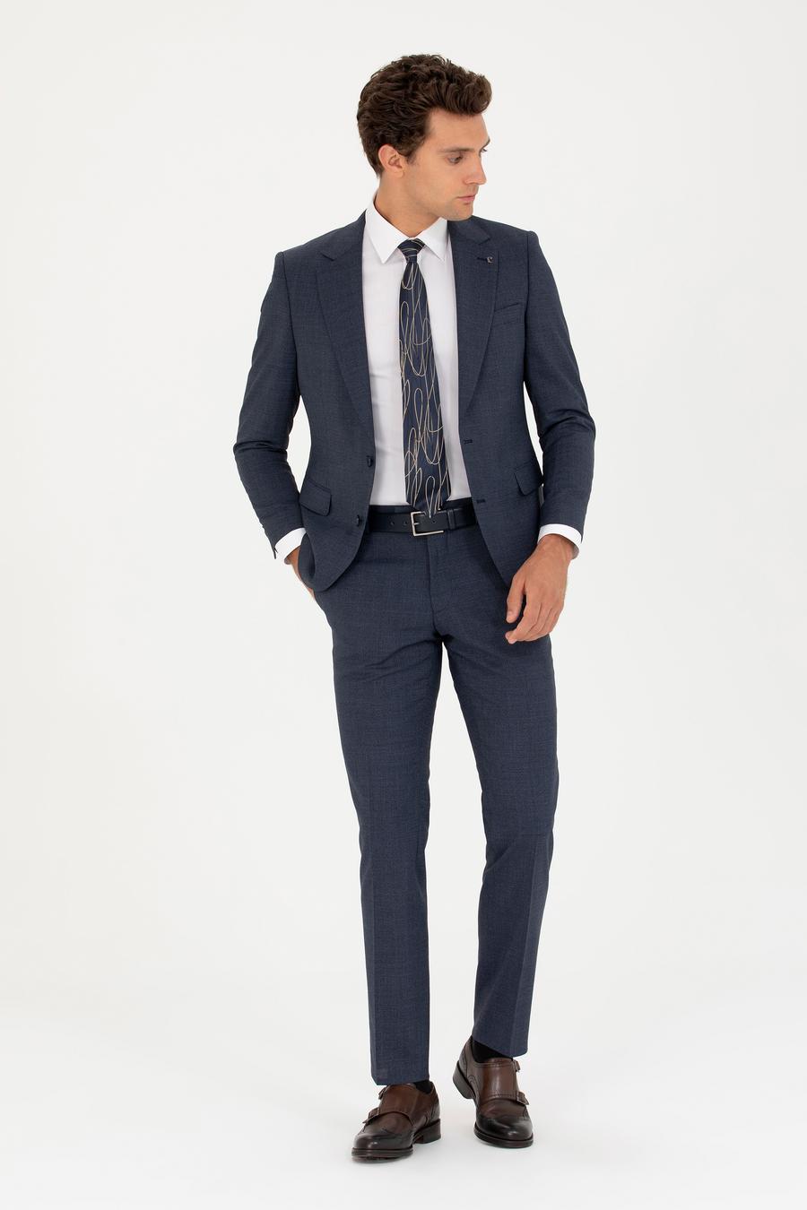 İndigo Slim Fit Yün Karışımlı Kazayağı Takım Elbise - 50265129088