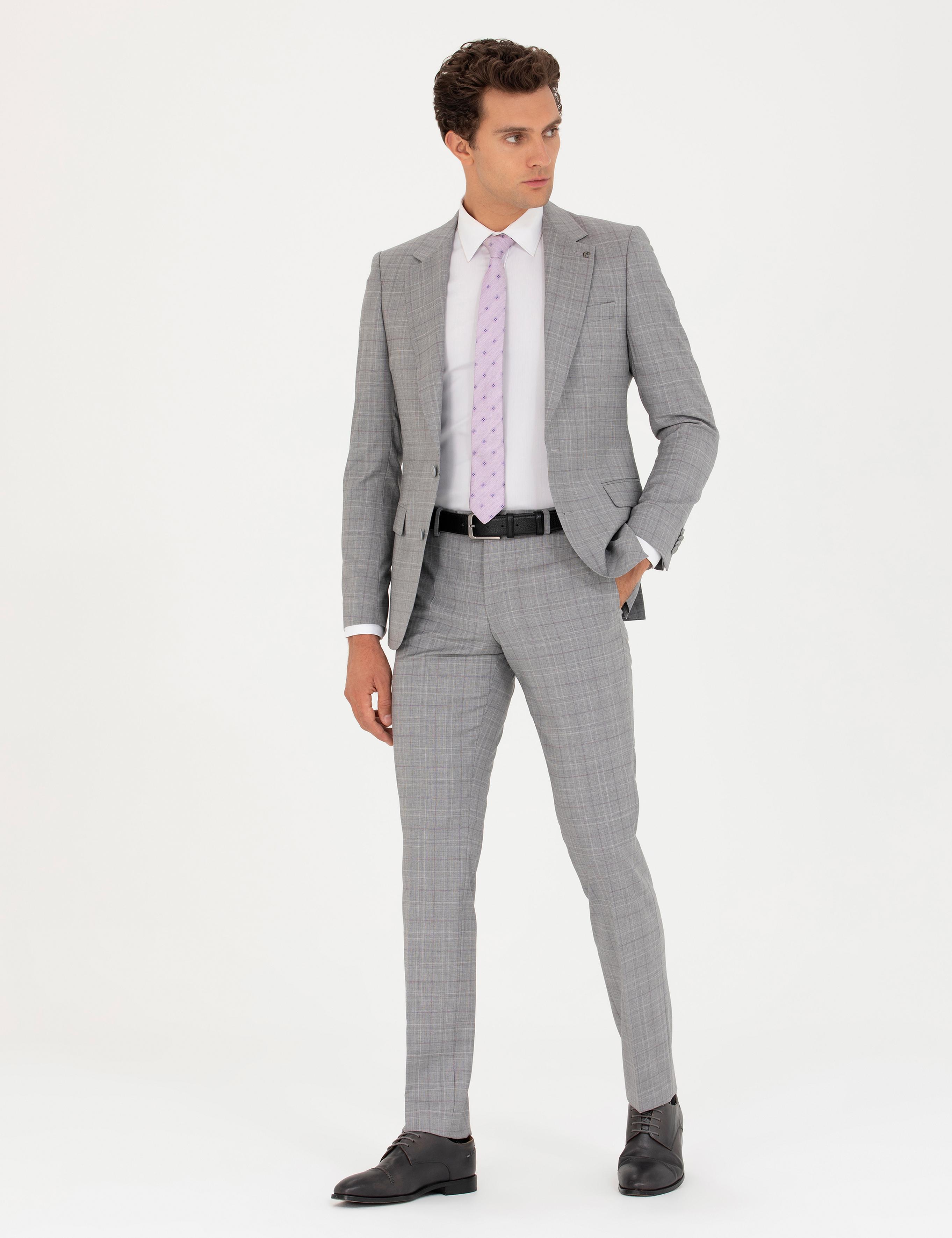 Gri Slim Fit %100 Yün Ekose Takım Elbise - 50269199011