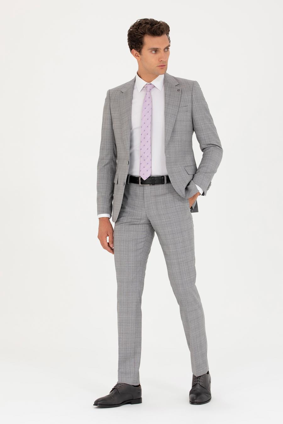 Gri Slim Fit %100 Yün Ekose Takım Elbise - 50269199011