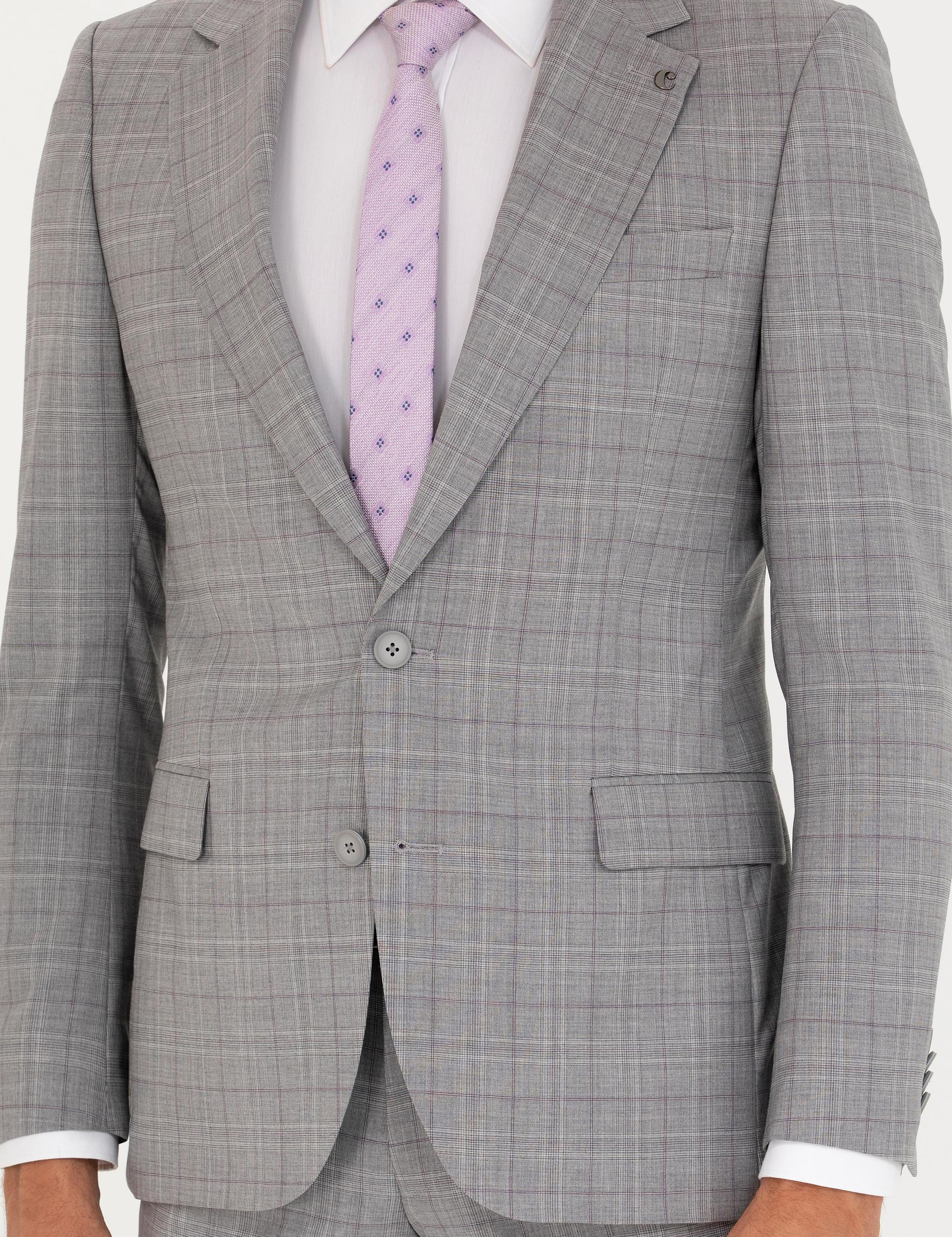 Gri Slim Fit %100 Yün Ekose Takım Elbise - 50269199011