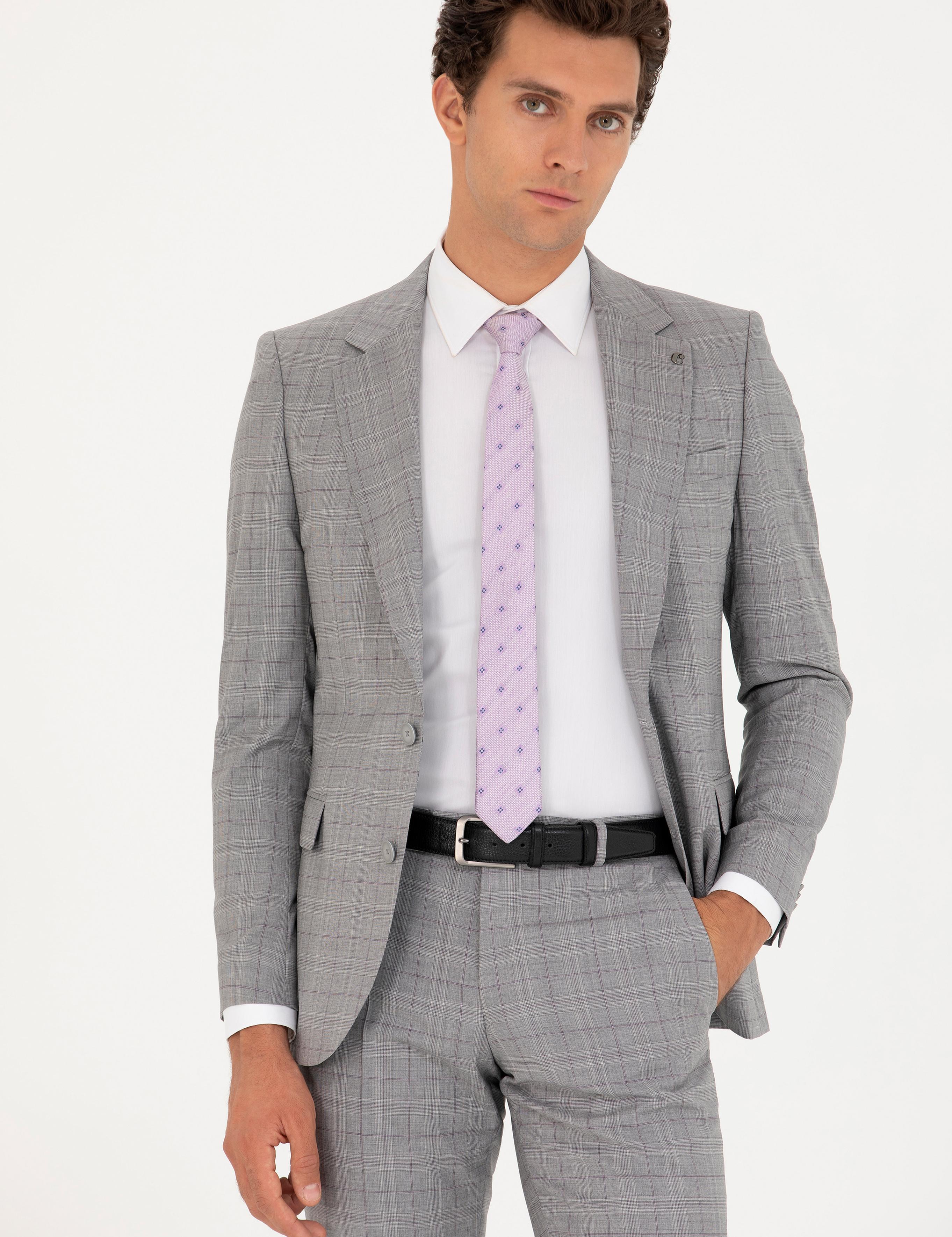 Gri Slim Fit %100 Yün Ekose Takım Elbise - 50269199011