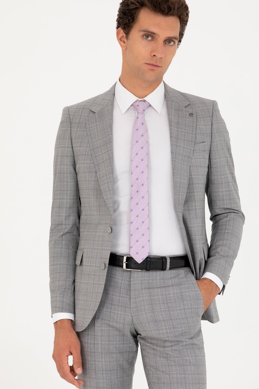 Gri Slim Fit %100 Yün Ekose Takım Elbise - 50269199011