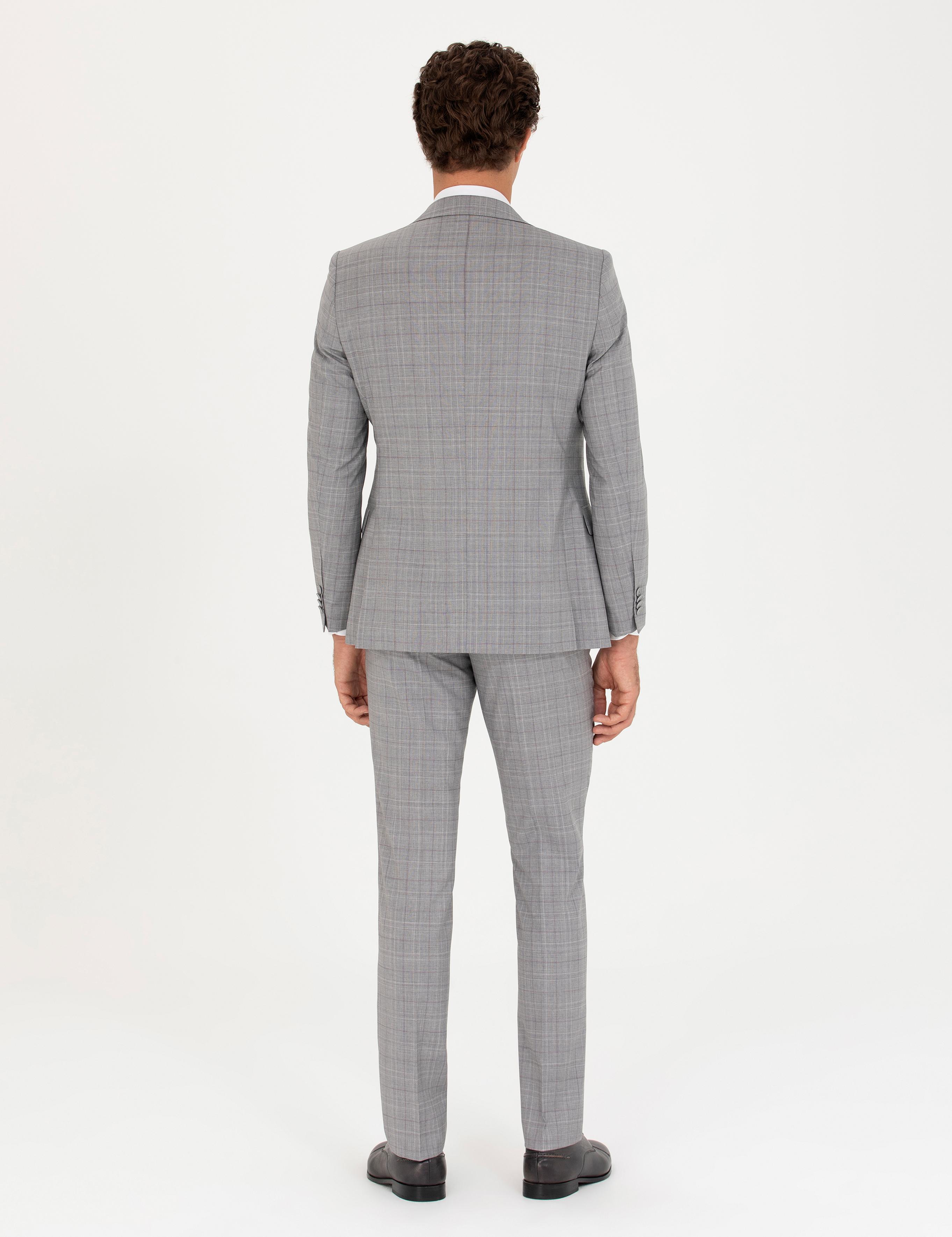 Gri Slim Fit %100 Yün Ekose Takım Elbise - 50269199011