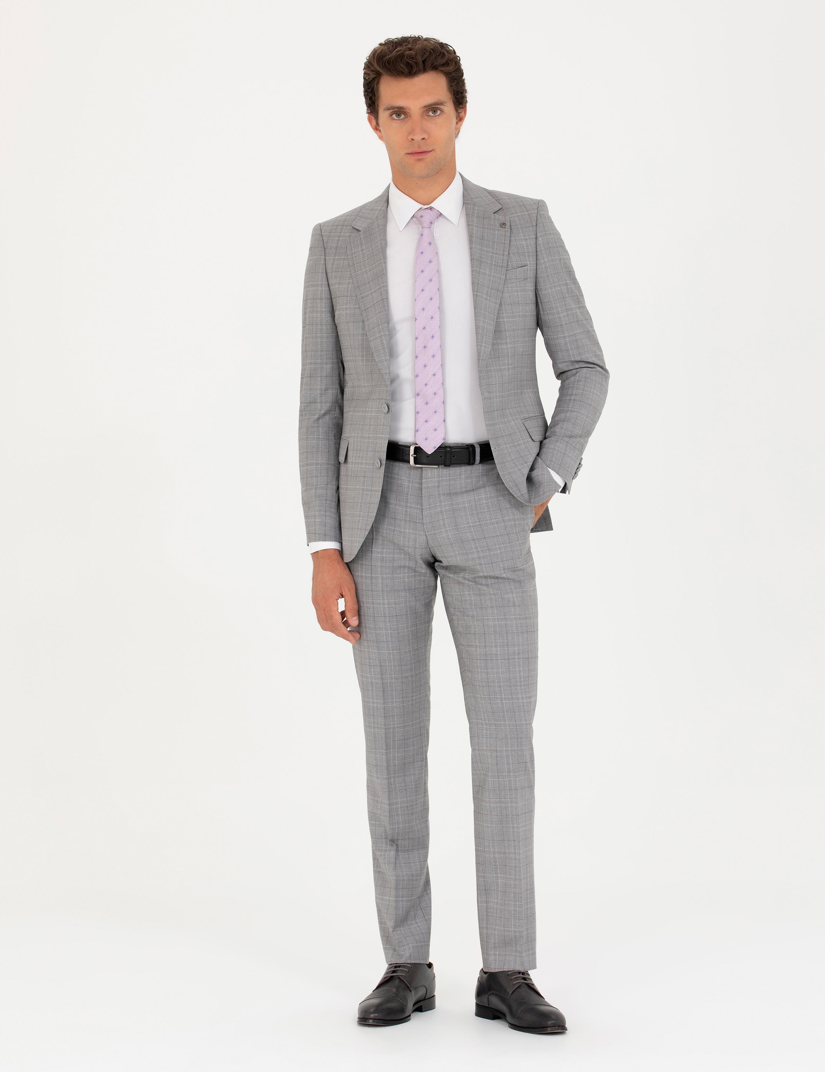 Gri Slim Fit %100 Yün Ekose Takım Elbise - 50269199011