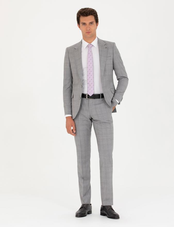 Gri Slim Fit %100 Yün Ekose Takım Elbise