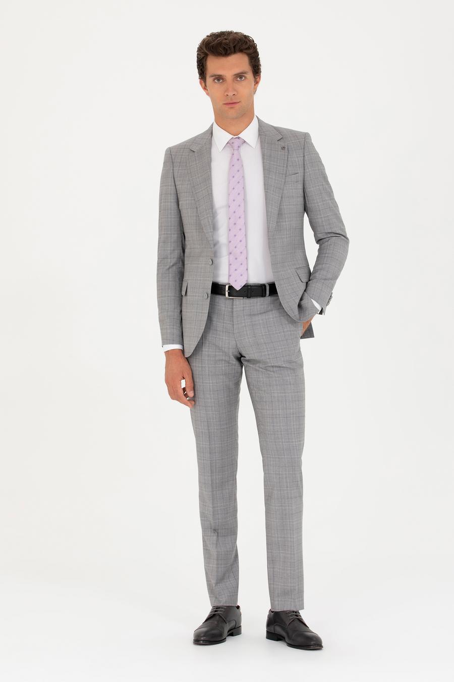 Gri Slim Fit %100 Yün Ekose Takım Elbise - 50269199011