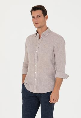 Kahverengi Slim Fit %100 Keten Gömlek
