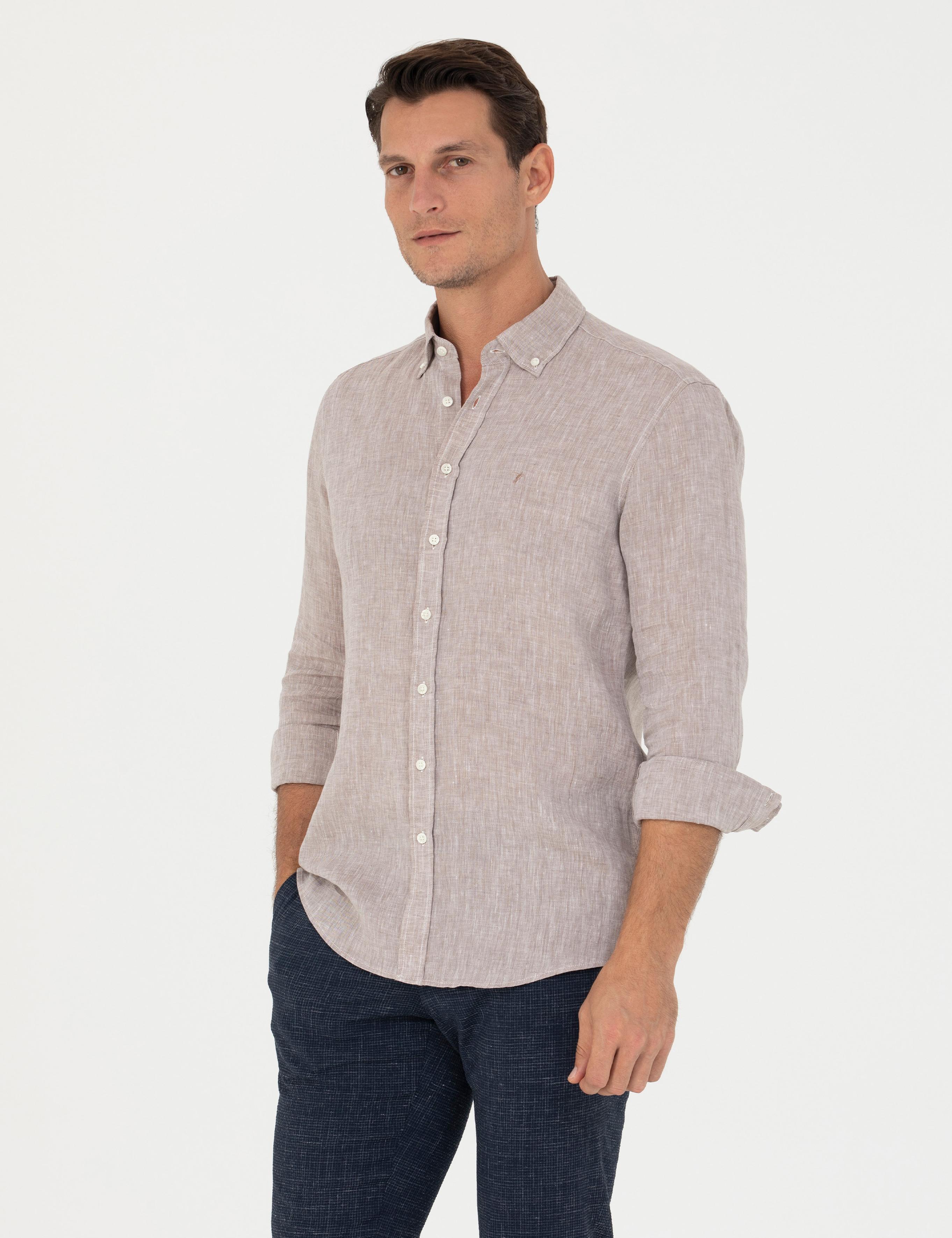 Kahverengi Slim Fit %100 Keten Gömlek - 50269214138