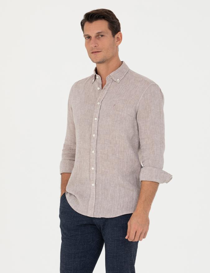 Kahverengi Slim Fit %100 Keten Gömlek
