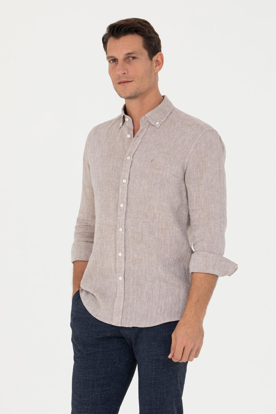 Kahverengi Slim Fit %100 Keten Gömlek - 50269214138
