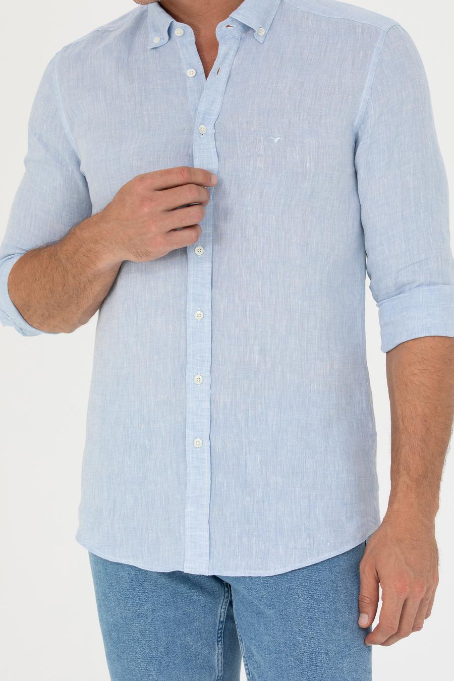 Açık Mavi Slim Fit %100 Keten Gömlek - 50269214149