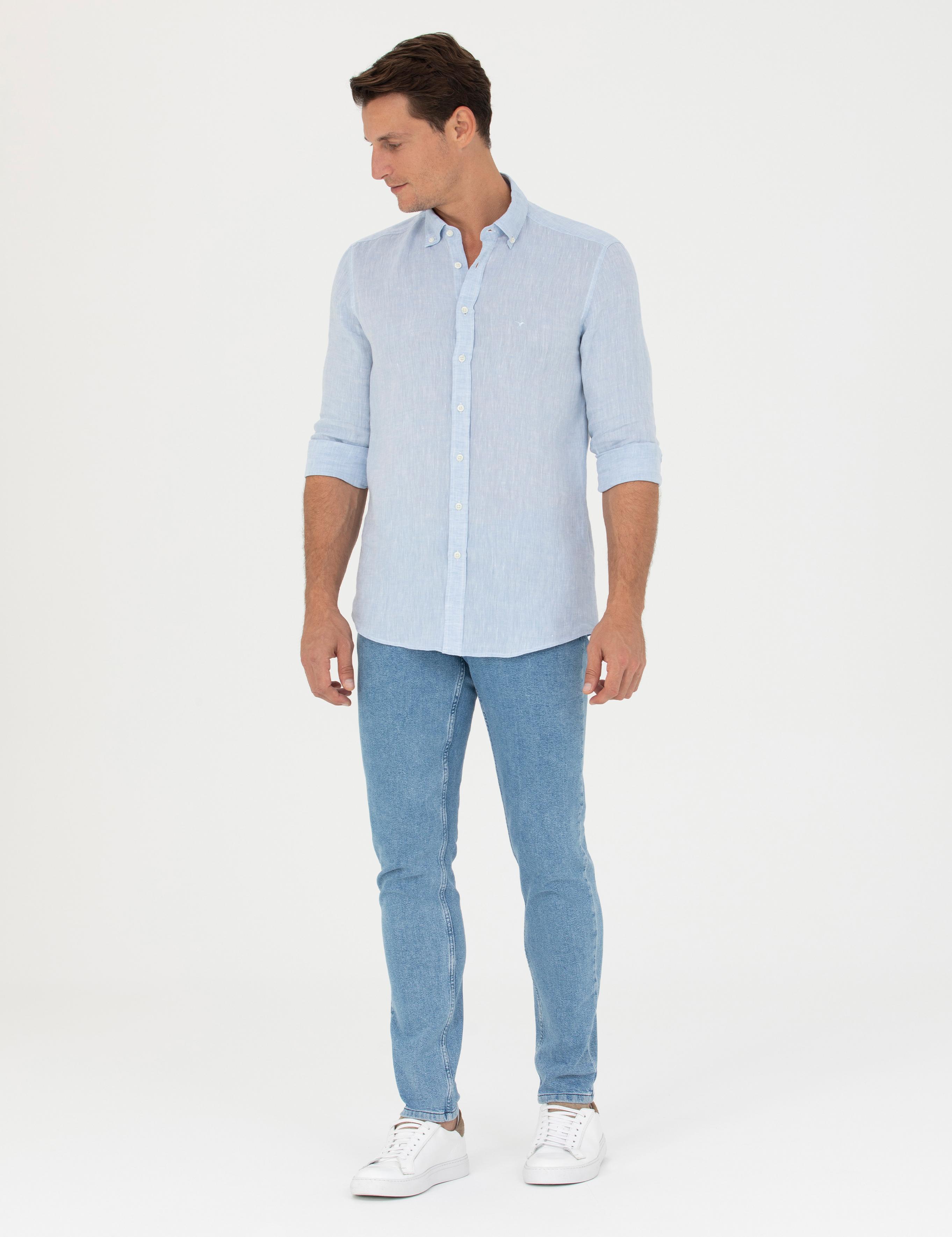 Açık Mavi Slim Fit %100 Keten Gömlek - 50269214149