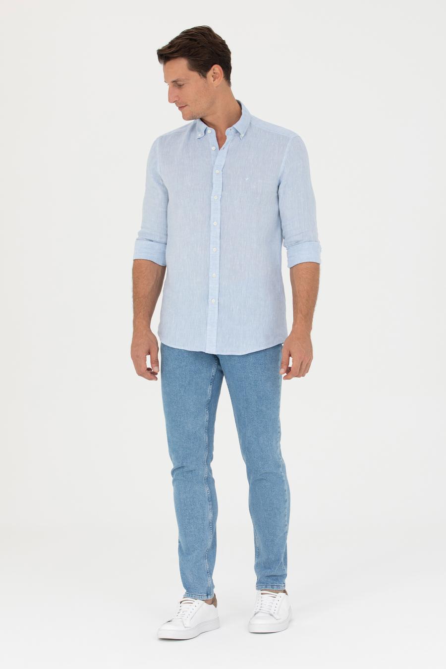 Açık Mavi Slim Fit %100 Keten Gömlek - 50269214149