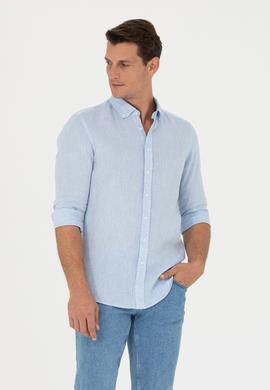 Açık Mavi Slim Fit %100 Keten Gömlek