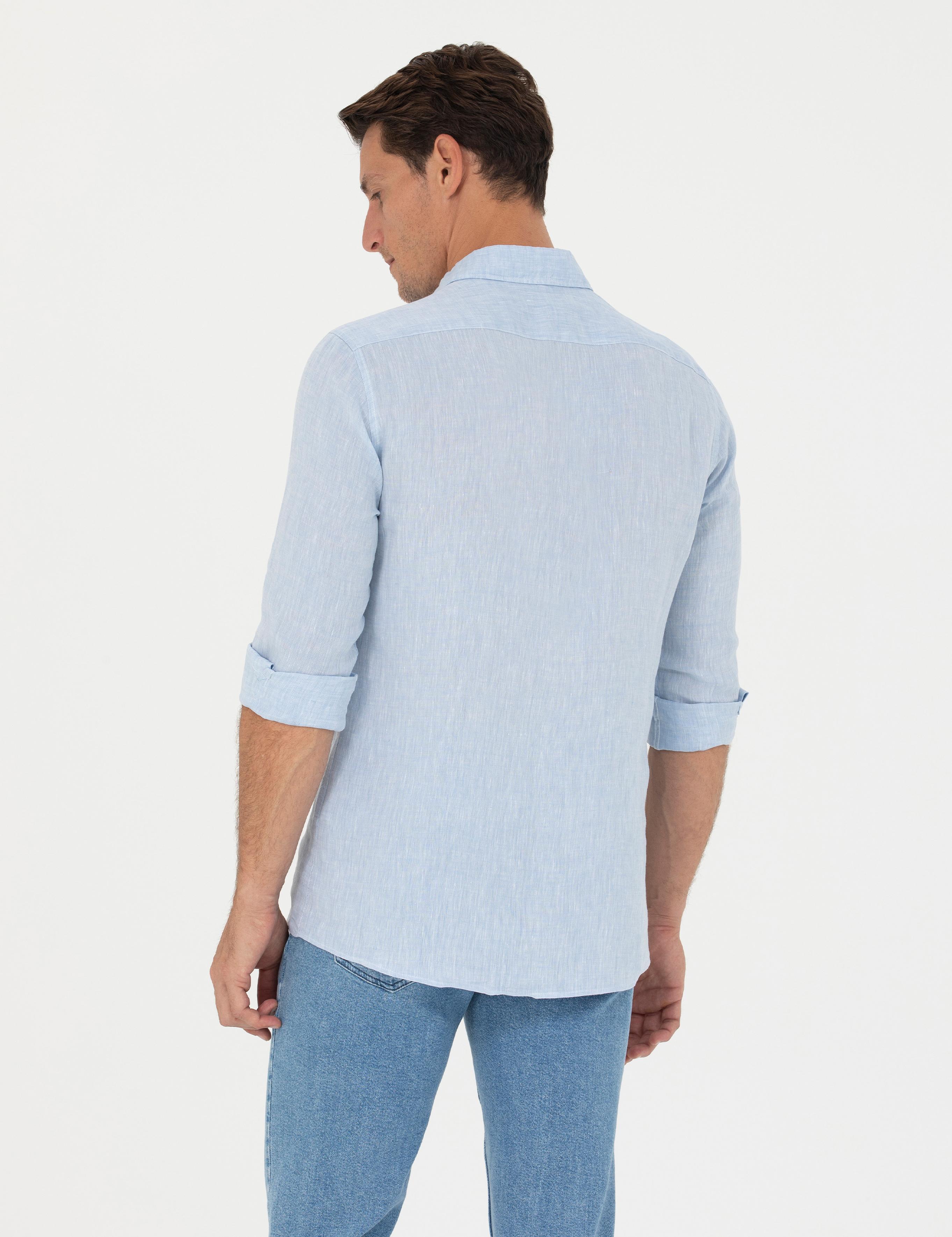 Açık Mavi Slim Fit %100 Keten Gömlek - 50269214149