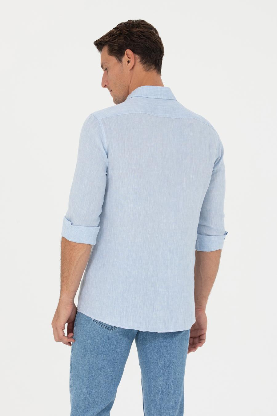 Açık Mavi Slim Fit %100 Keten Gömlek - 50269214149
