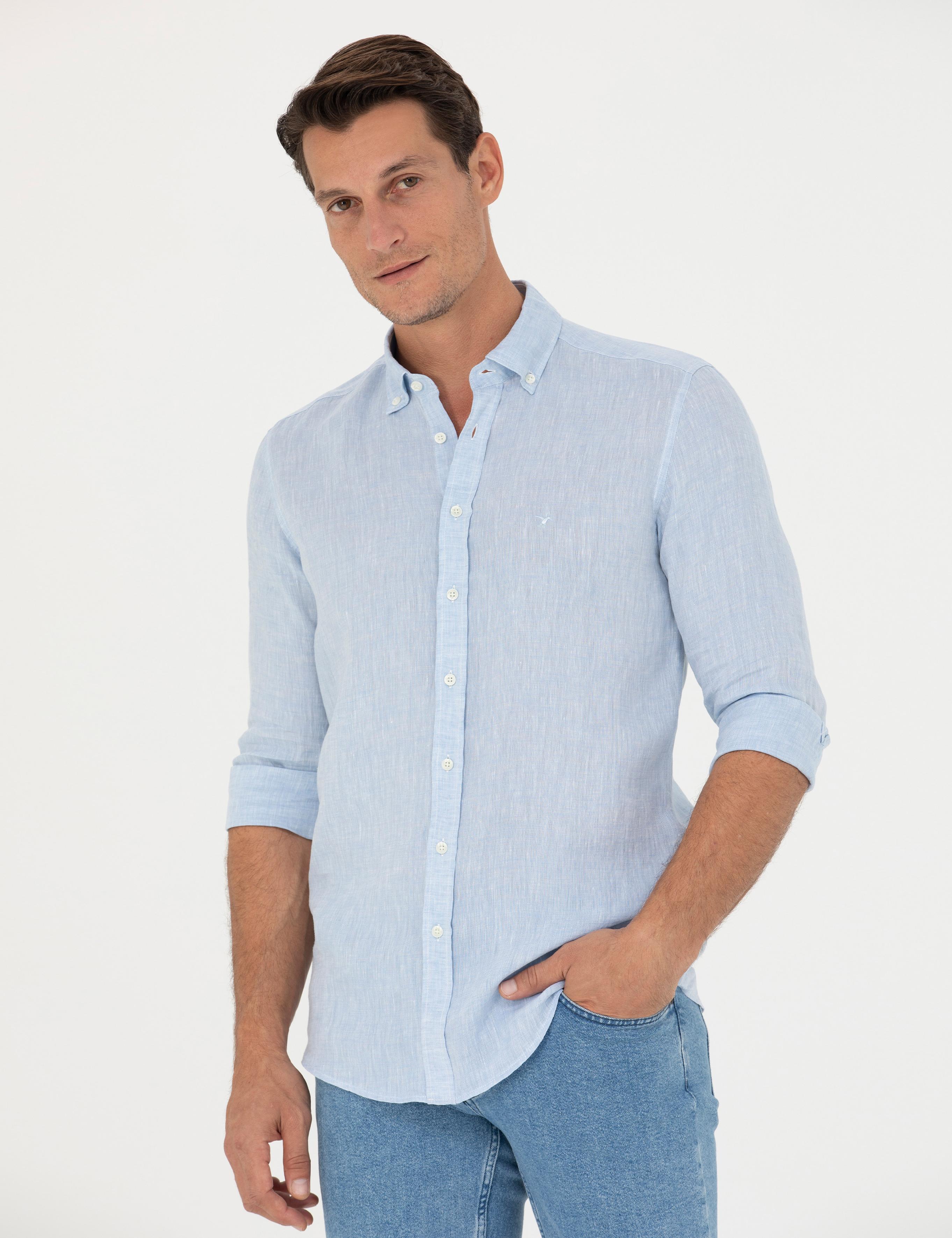Açık Mavi Slim Fit %100 Keten Gömlek - 50269214149