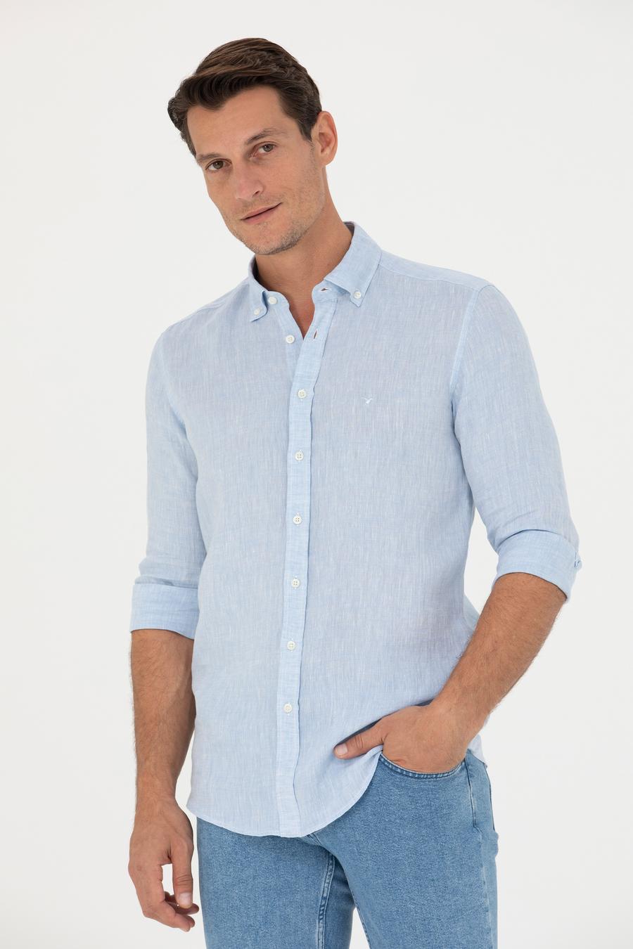 Açık Mavi Slim Fit %100 Keten Gömlek - 50269214149