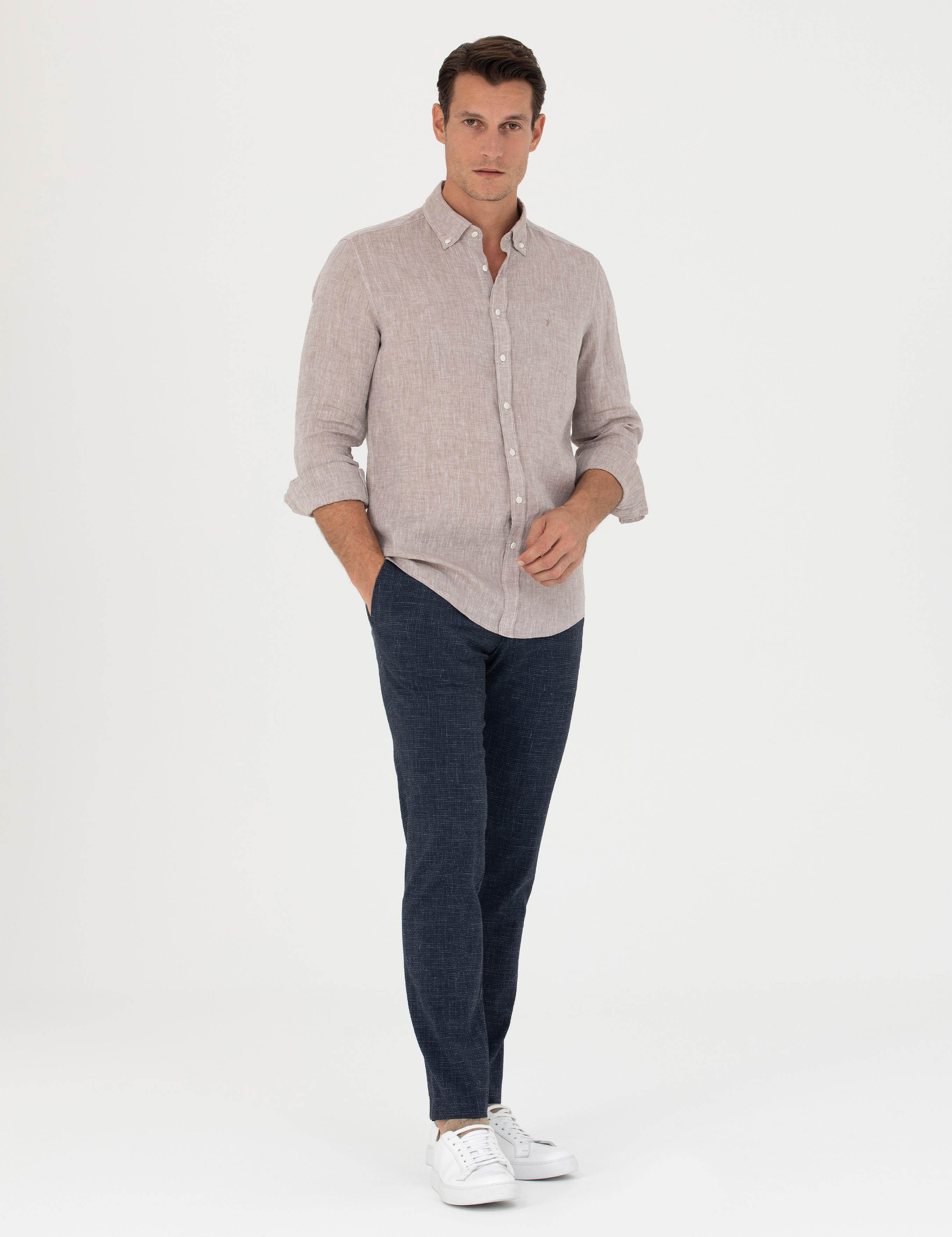 Lacivert Slim Fit Keten Karışımlı Pantolon - 50265205034