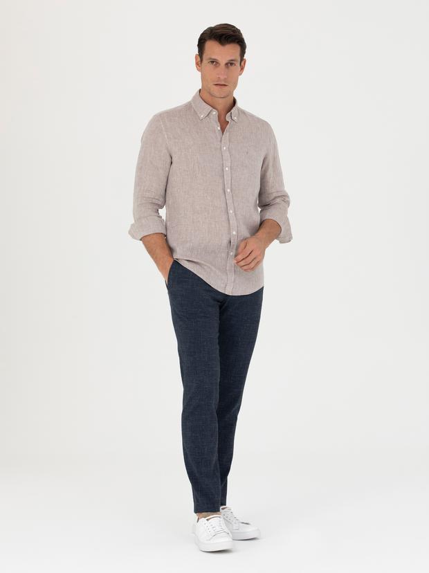 Lacivert Slim Fit Keten Karışımlı Pantolon
