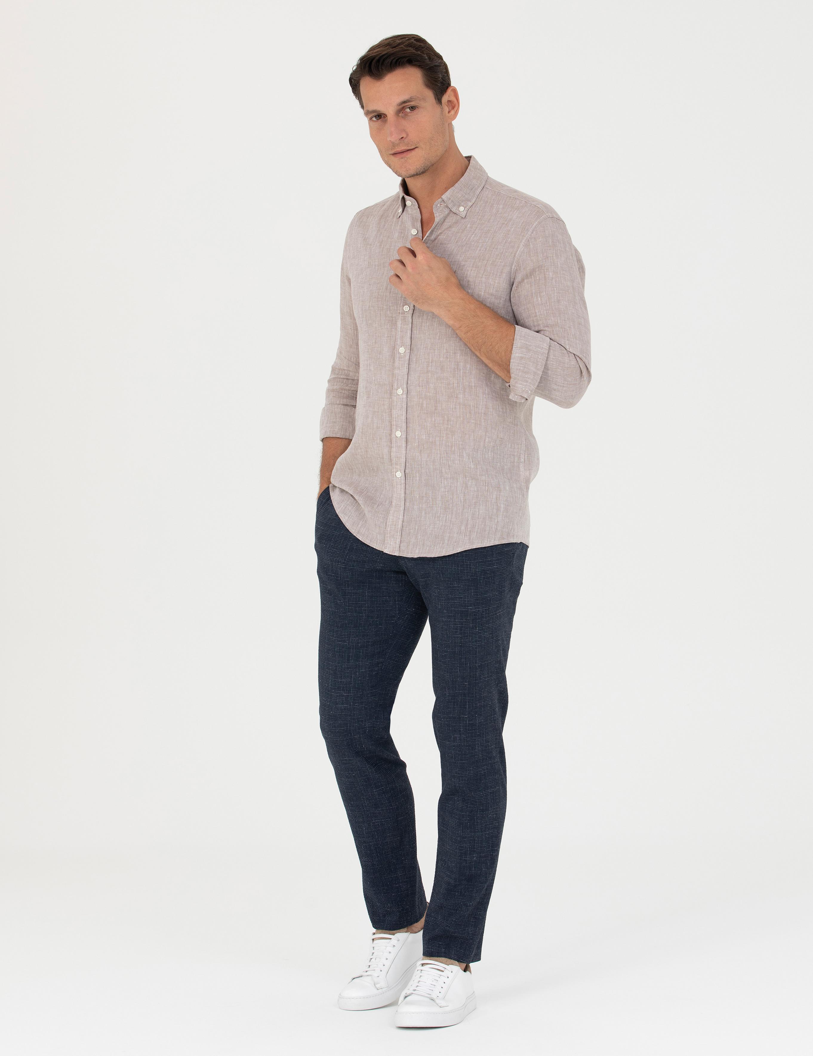 Lacivert Slim Fit Keten Karışımlı Pantolon - 50265205034