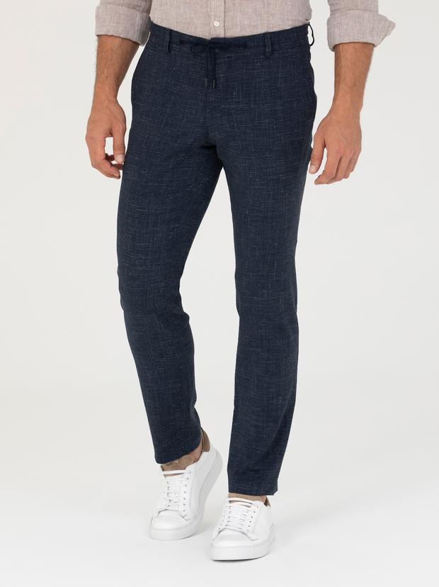 Lacivert Slim Fit Keten Karışımlı Pantolon