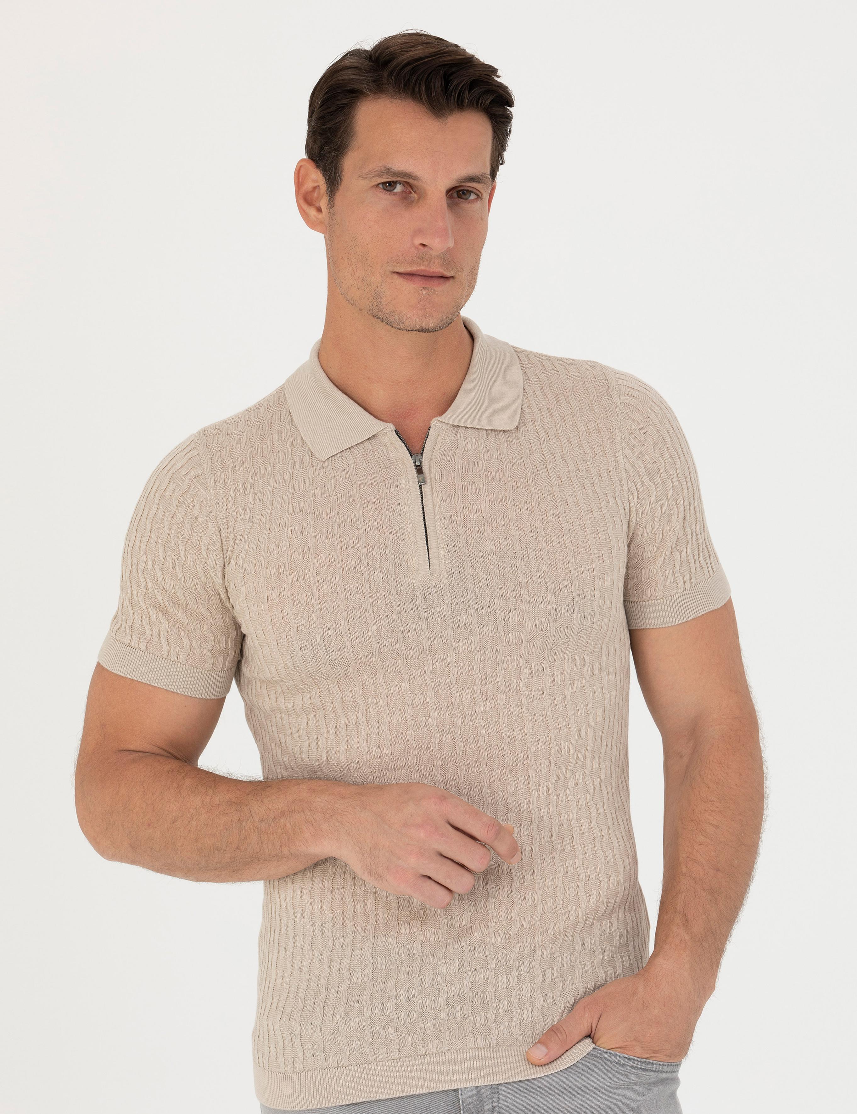 Bej Slim Fit Polo Yaka Triko T-Shirt - 50265894055