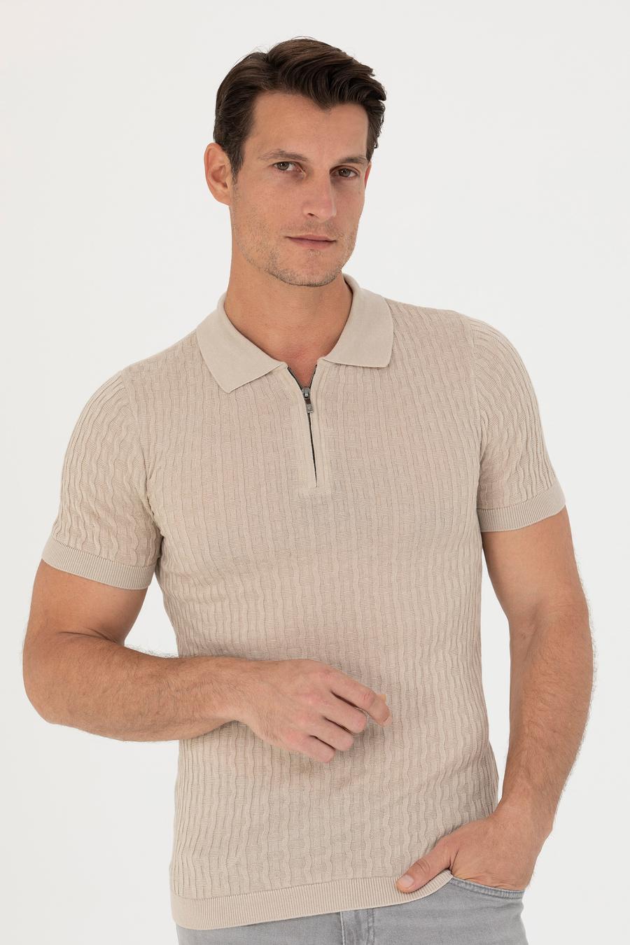 Bej Slim Fit Polo Yaka Triko T-Shirt - 50265894055