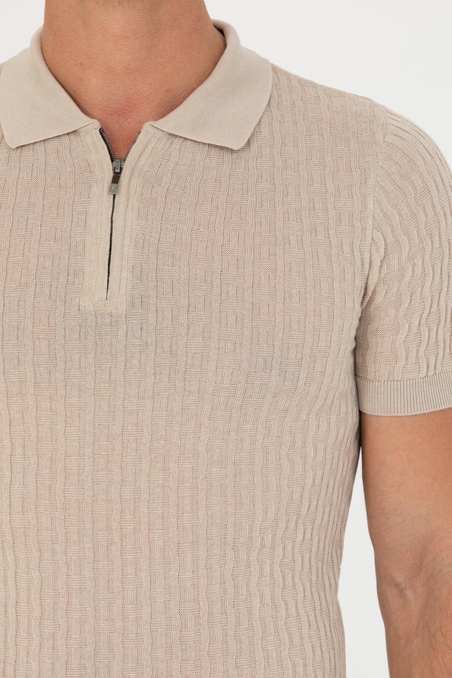 Bej Slim Fit Polo Yaka Triko T-Shirt - 50265894055
