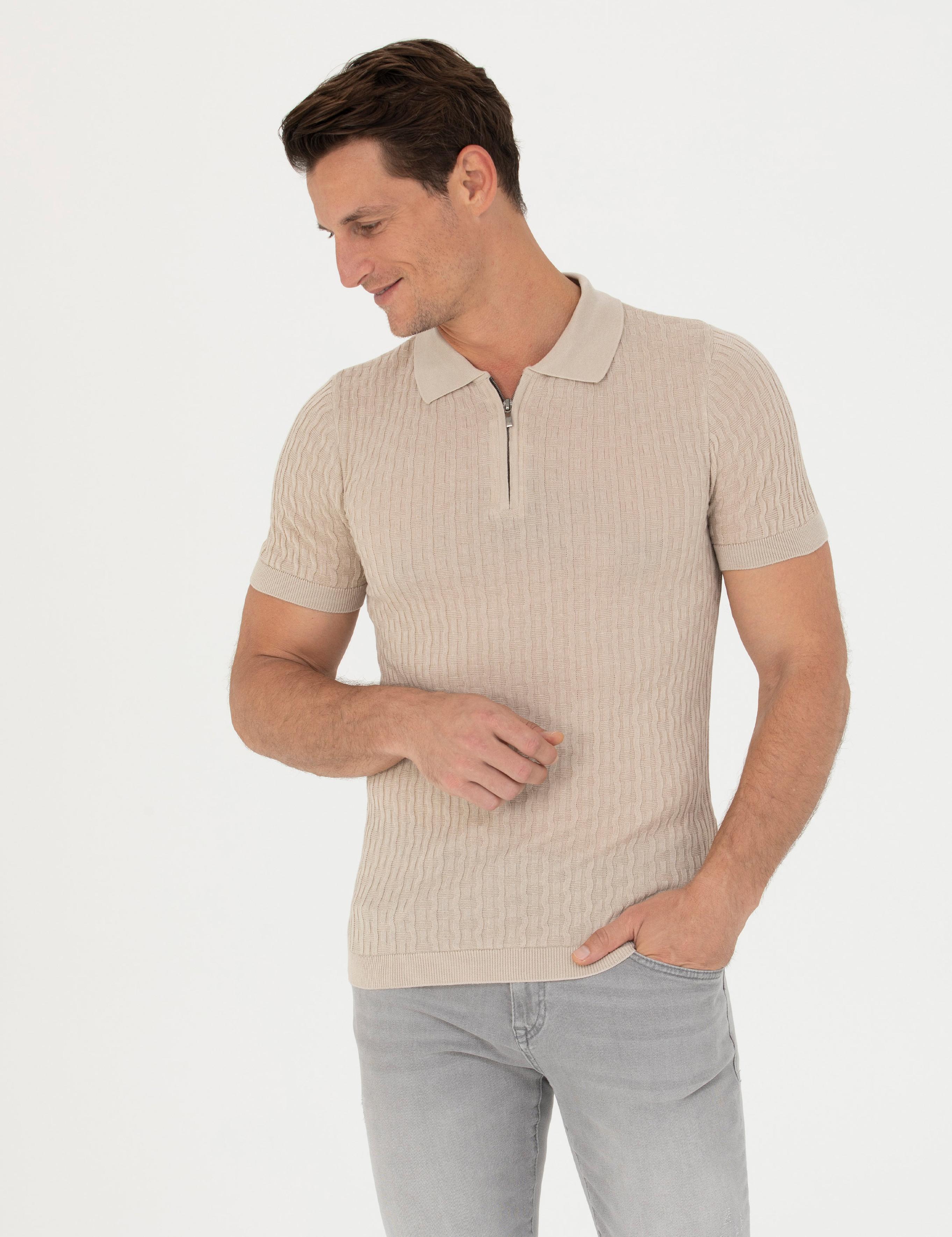 Bej Slim Fit Polo Yaka Triko T-Shirt - 50265894055